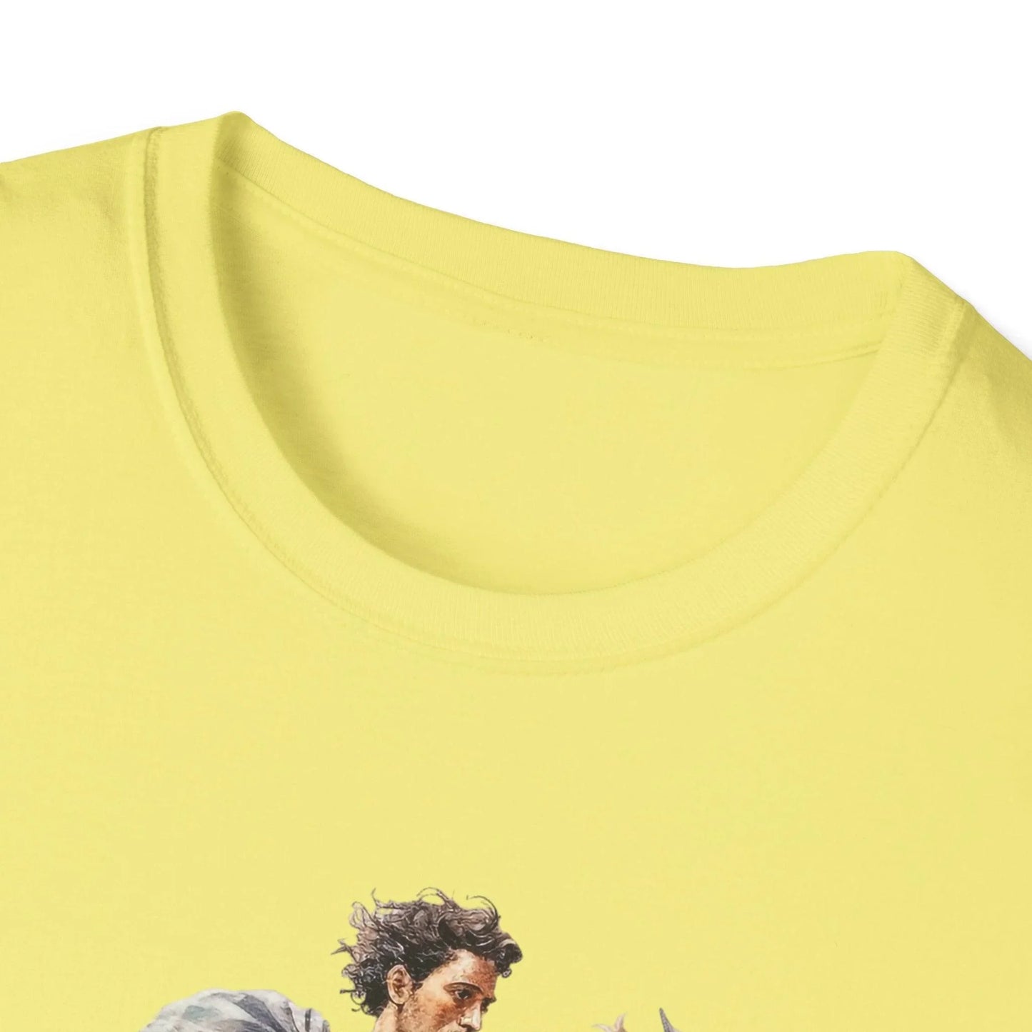 Close-up of the unisex relaxed fit T-shirt neckline and soft fabric texture in charcoal gray, highlighting comfortable wear