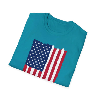Close-up of distressed American flag pattern with vibrant colors and textured fabric detail on the unisex soft cotton