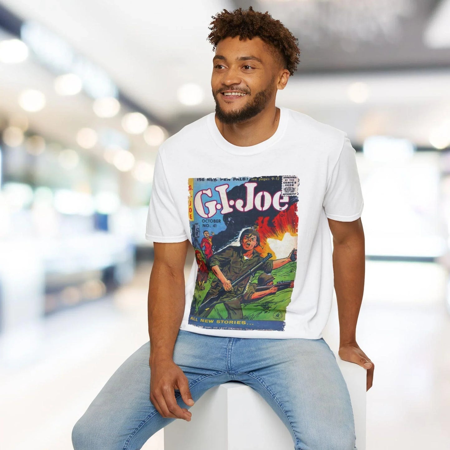 Close-up of the G.I. Joe No.41 unisex softstyle T-shirt showing the subtle textured fabric in classic navy color with a