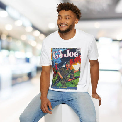 Close-up of the G.I. Joe No.41 unisex softstyle T-shirt showing the subtle textured fabric in classic navy color with a