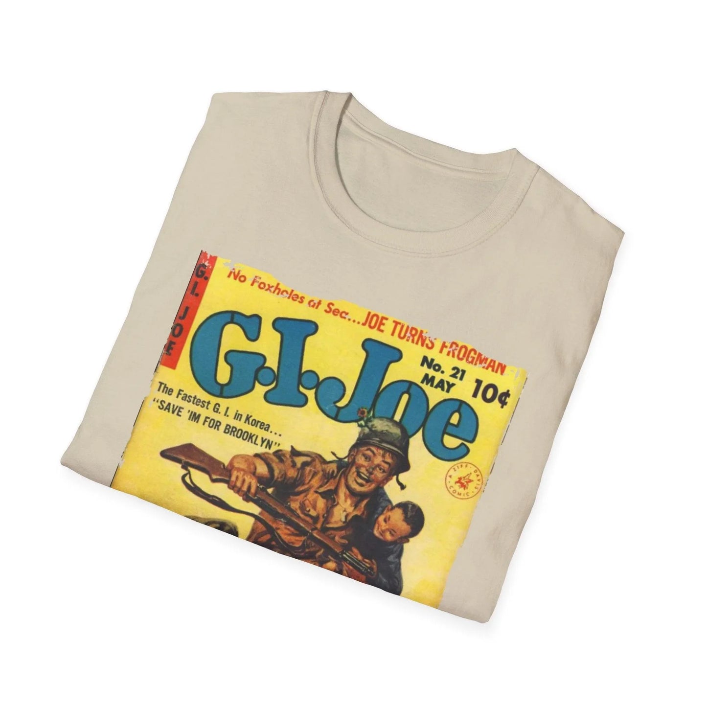 Close-up of the G.I. Joe No.21 softstyle T-shirt's sewn neckline and subtle stitching detail on relaxed lavender fabric