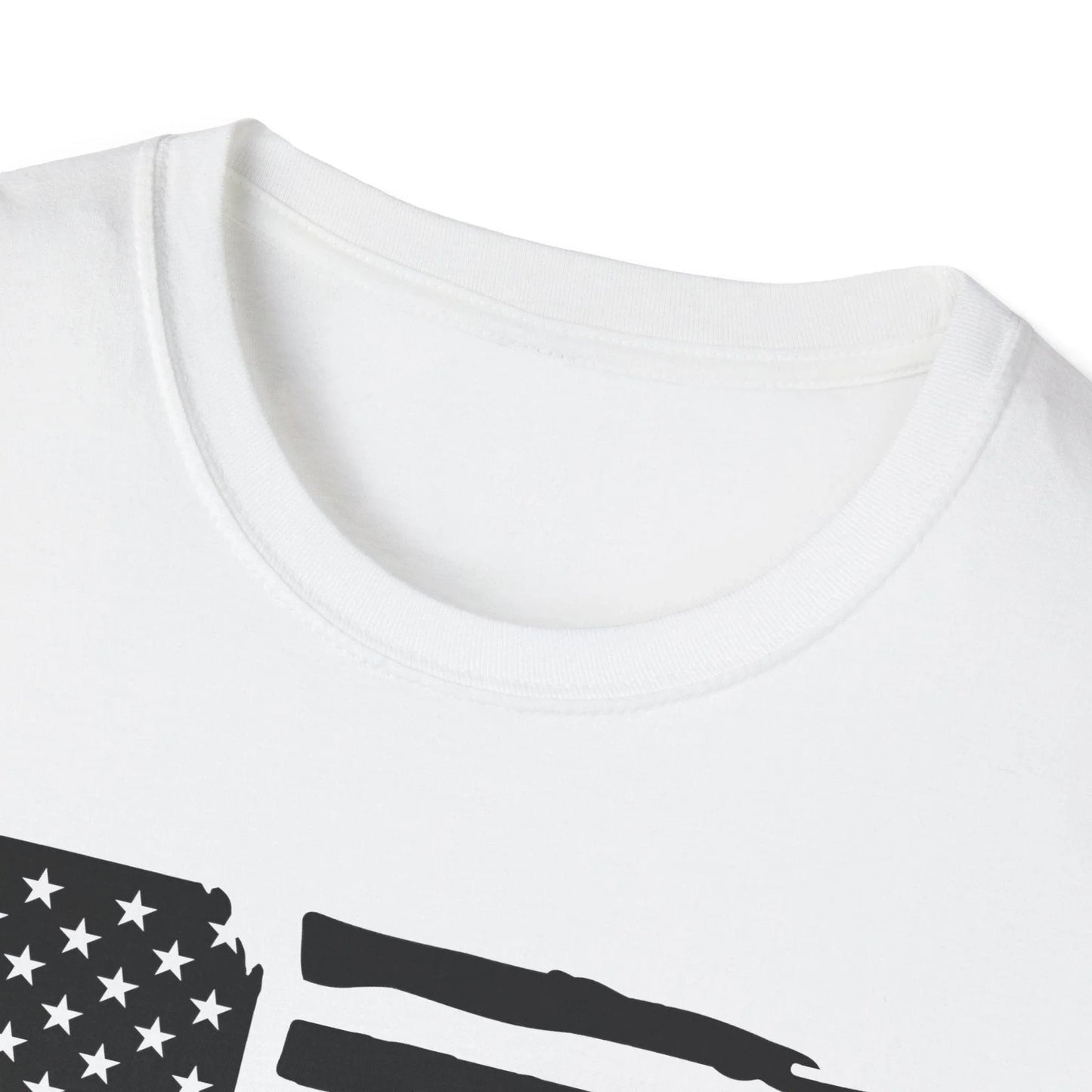 Close-up of the distressed black and white American flag pattern on the unisex softstyle T-shirt’s fabric texture and