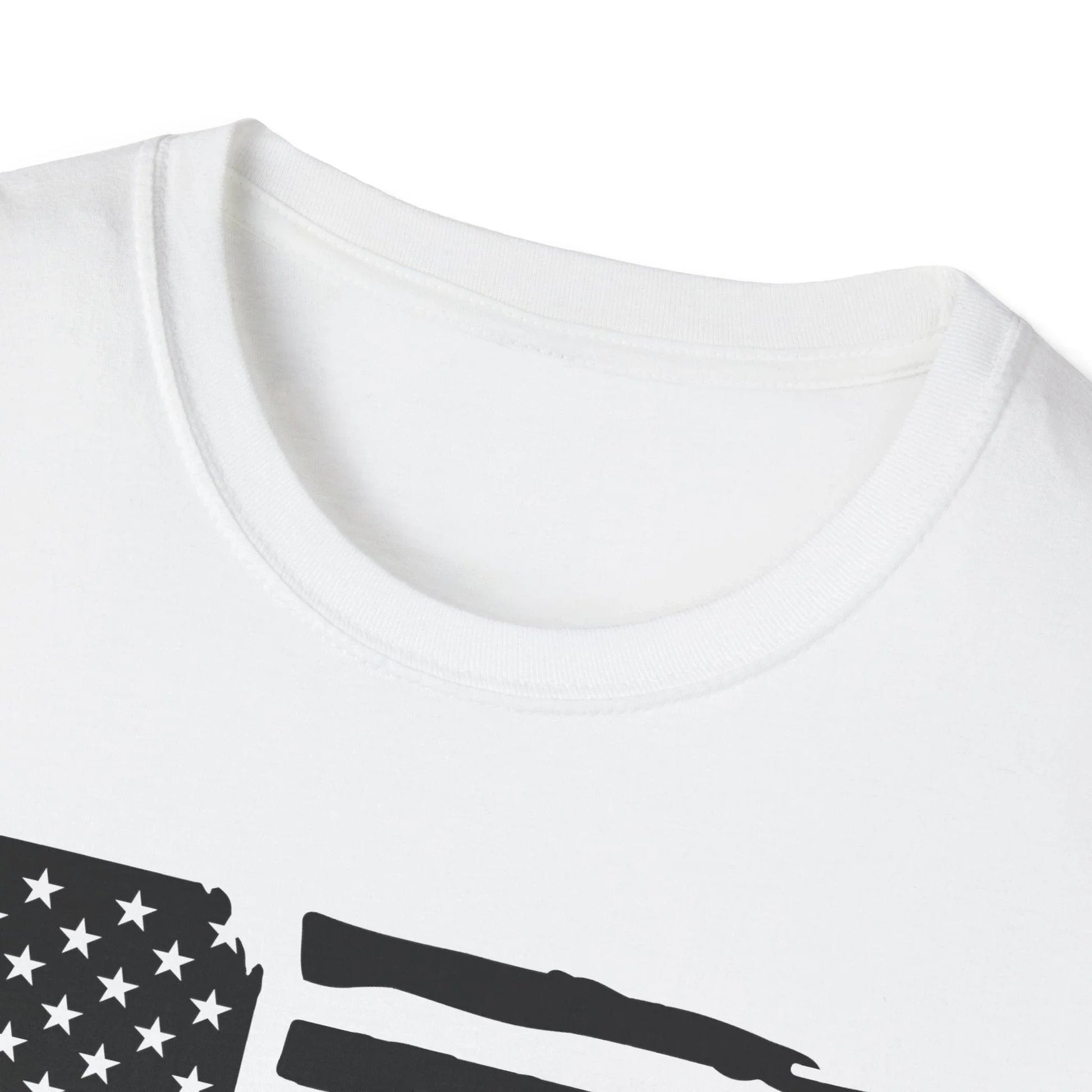 Close-up of the distressed black and white American flag pattern on the unisex softstyle T-shirt’s fabric texture and