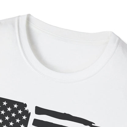 Close-up of the distressed black and white American flag pattern on the unisex softstyle T-shirt’s fabric texture and