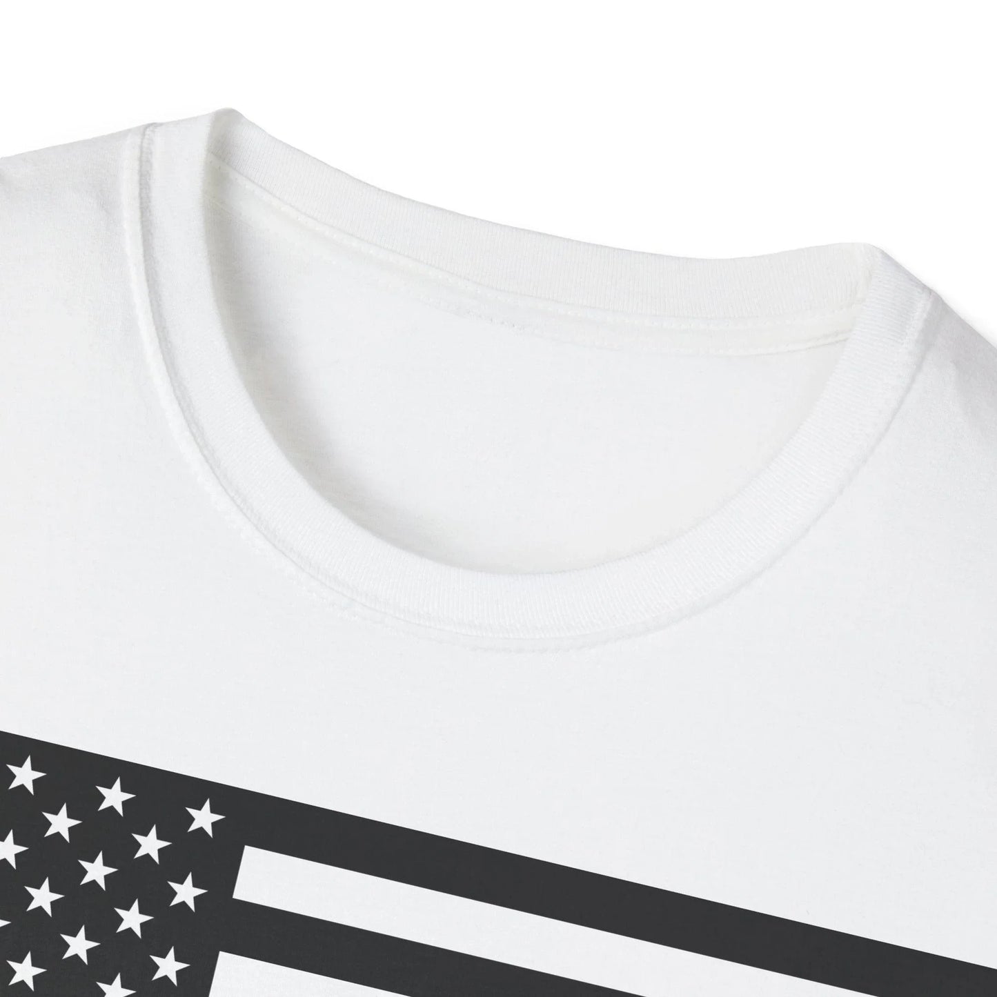 Close-up of the unisex black and white American Flag Heartbeat graphic on smooth cotton fabric, highlighting intricate line