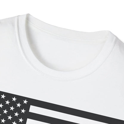 Close-up of the unisex black and white American Flag Heartbeat graphic on smooth cotton fabric, highlighting intricate line