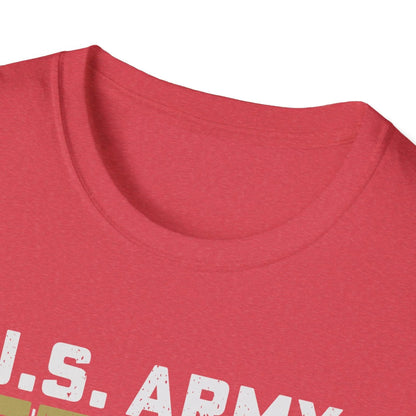 Close-up of the army-themed graphic design on the chest area of the relaxed fit, heather gray unisex T-shirt showcasing