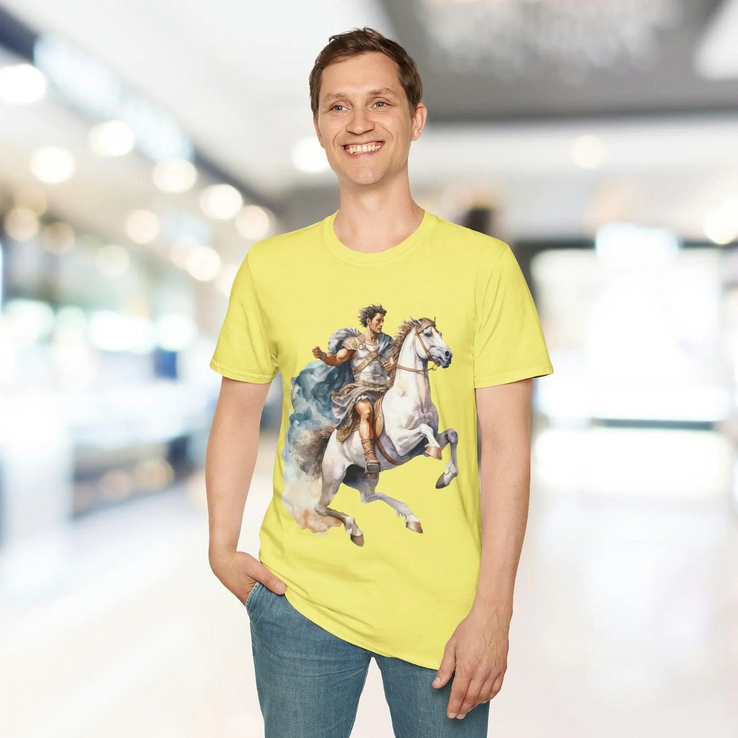 Close-up of the unisex softstyle t-shirt's fabric texture showing smooth, relaxed fit in deep navy with crew neckline from a