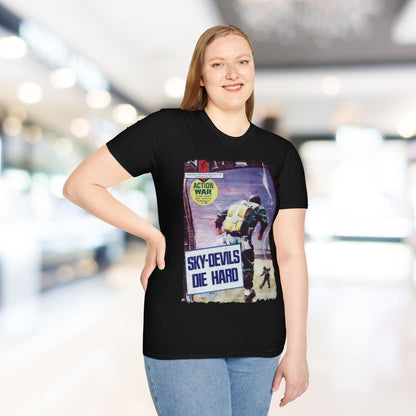 Close-up of the unisex softstyle T-shirt's vibrant red fabric showing subtle heather texture and slim fit neckline from a