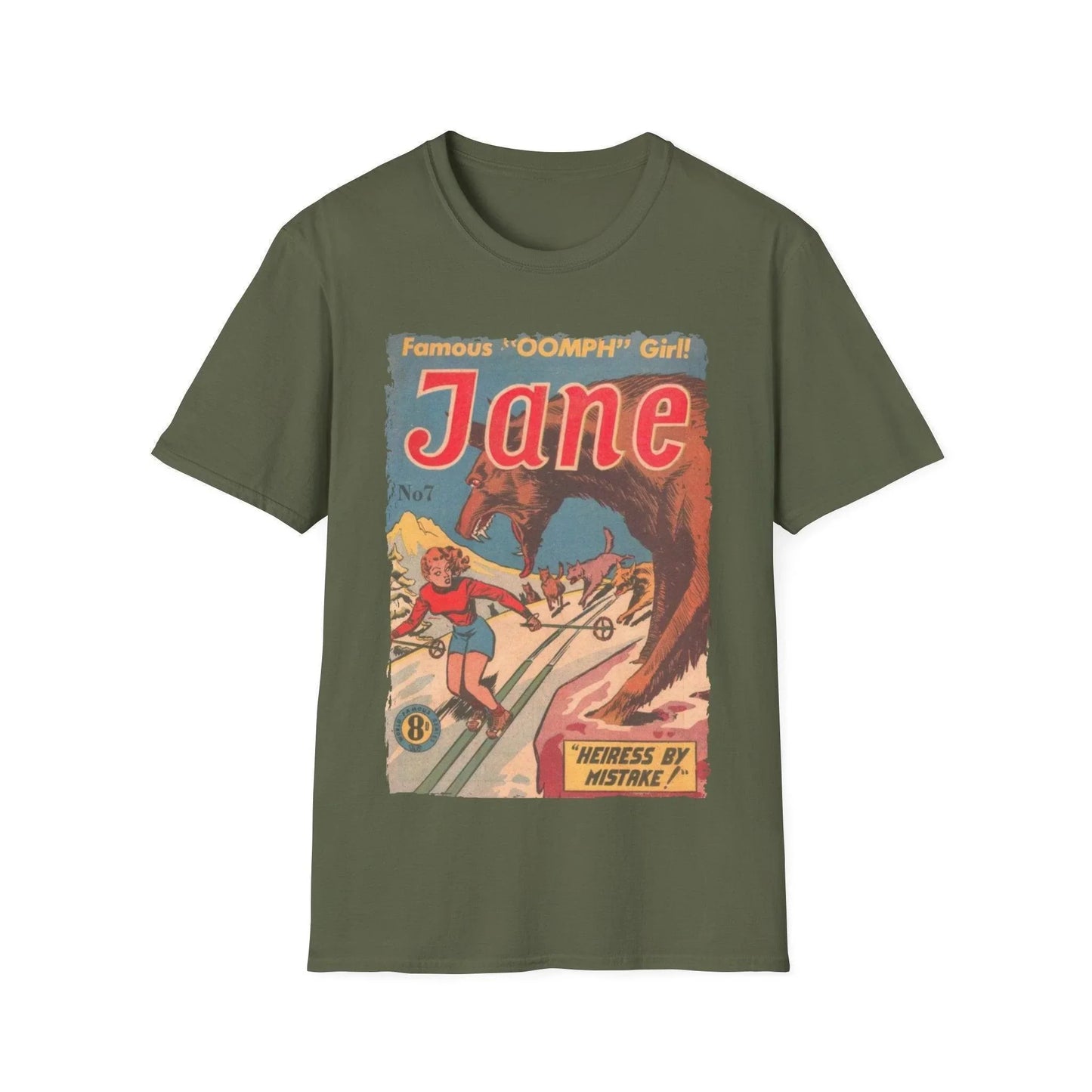 Close-up of the Jane No.7 unisex softstyle T-shirt’s smooth, relaxed-fit fabric in vibrant coral showing subtle needle