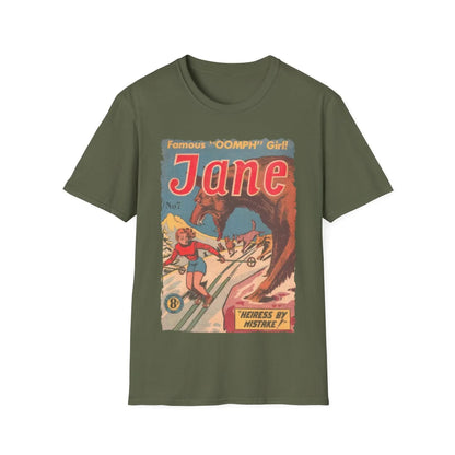 Close-up of the Jane No.7 unisex softstyle T-shirt’s smooth, relaxed-fit fabric in vibrant coral showing subtle needle