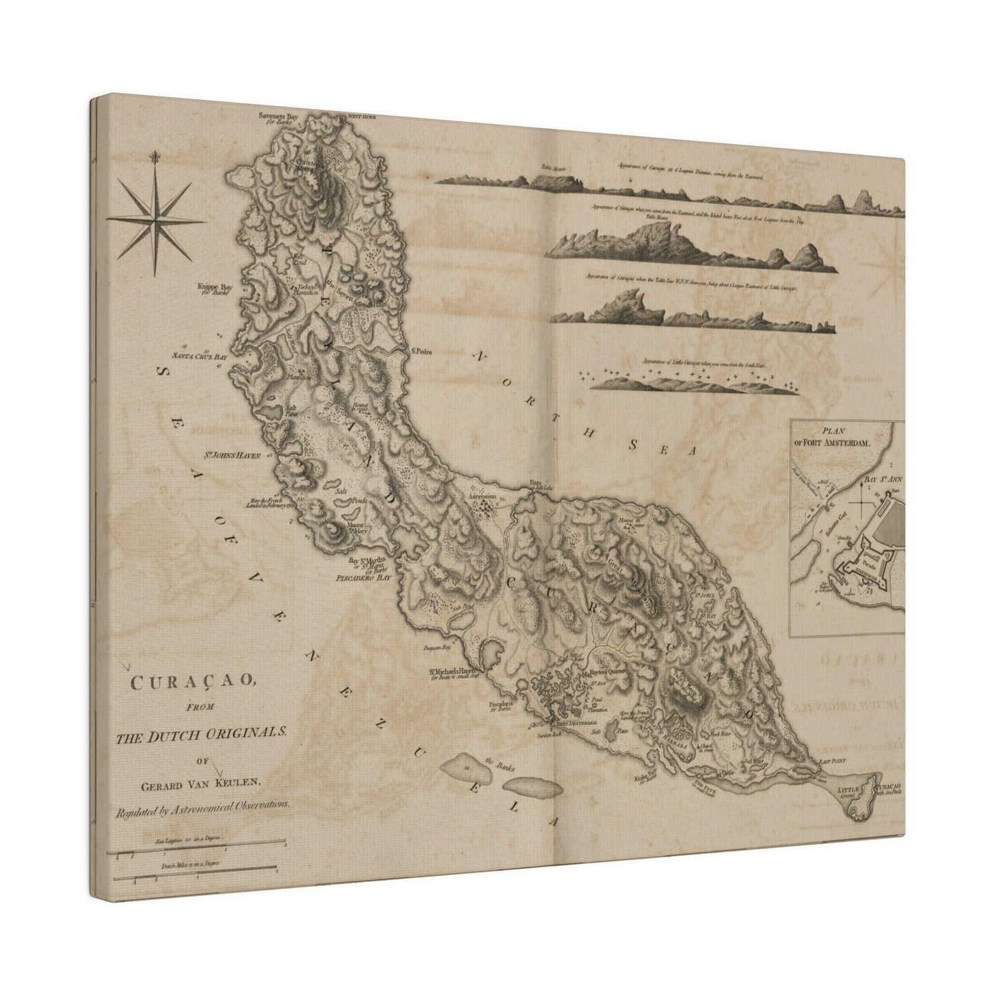 Close-up of the canvas texture highlighting the detailed brushstrokes and rich color tones of the Curacao map from Gerard