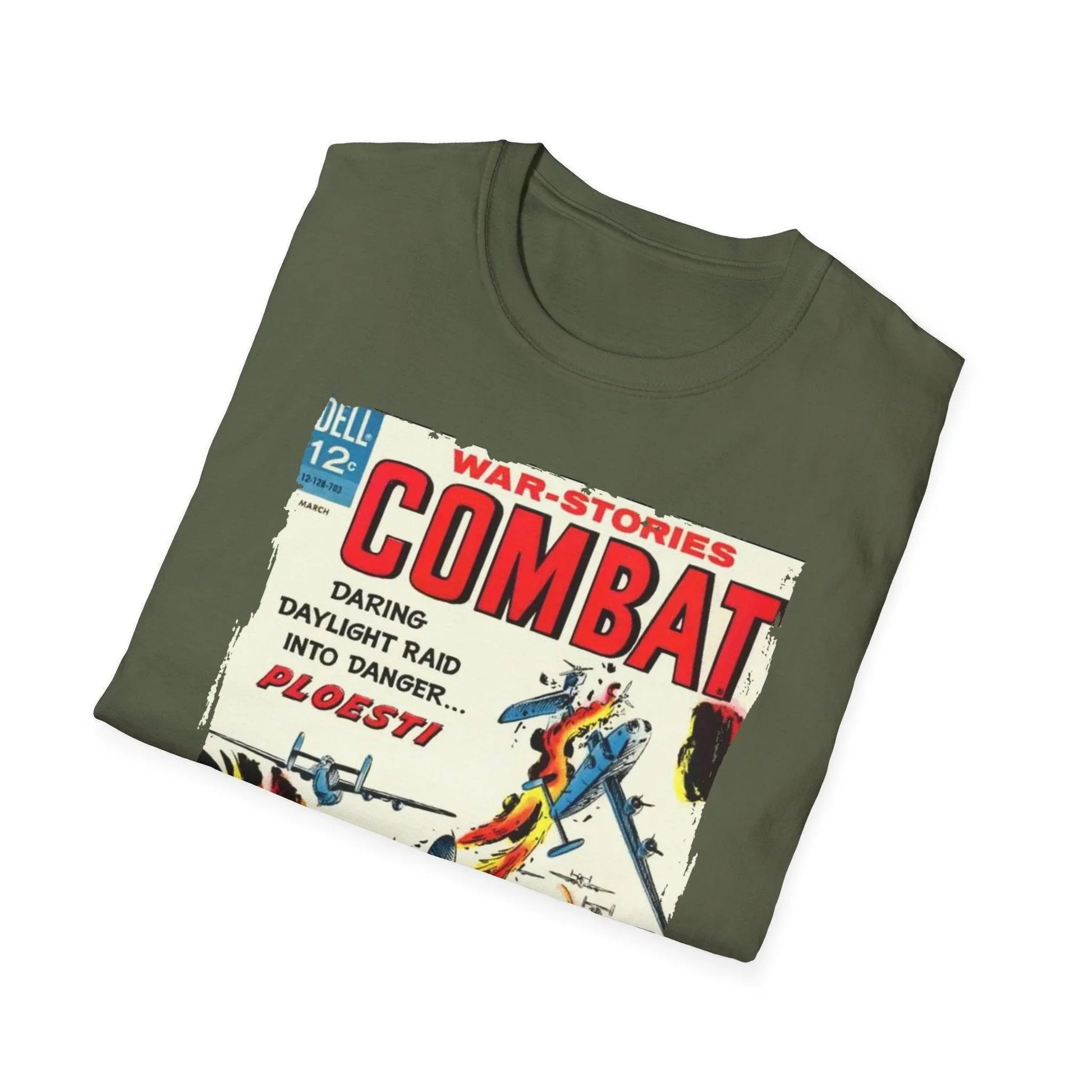 Close-up of the Combat March 1967 T-shirt’s vibrant graphic print on soft cotton fabric, highlighting the distressed artwork