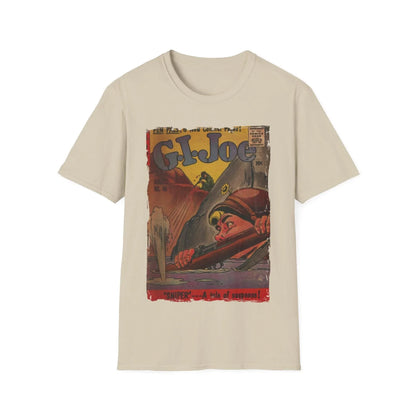 Close-up of the G.I. Joe No.46 unisex softstyle T-shirt's neck tag featuring branding and size details, showcasing smooth