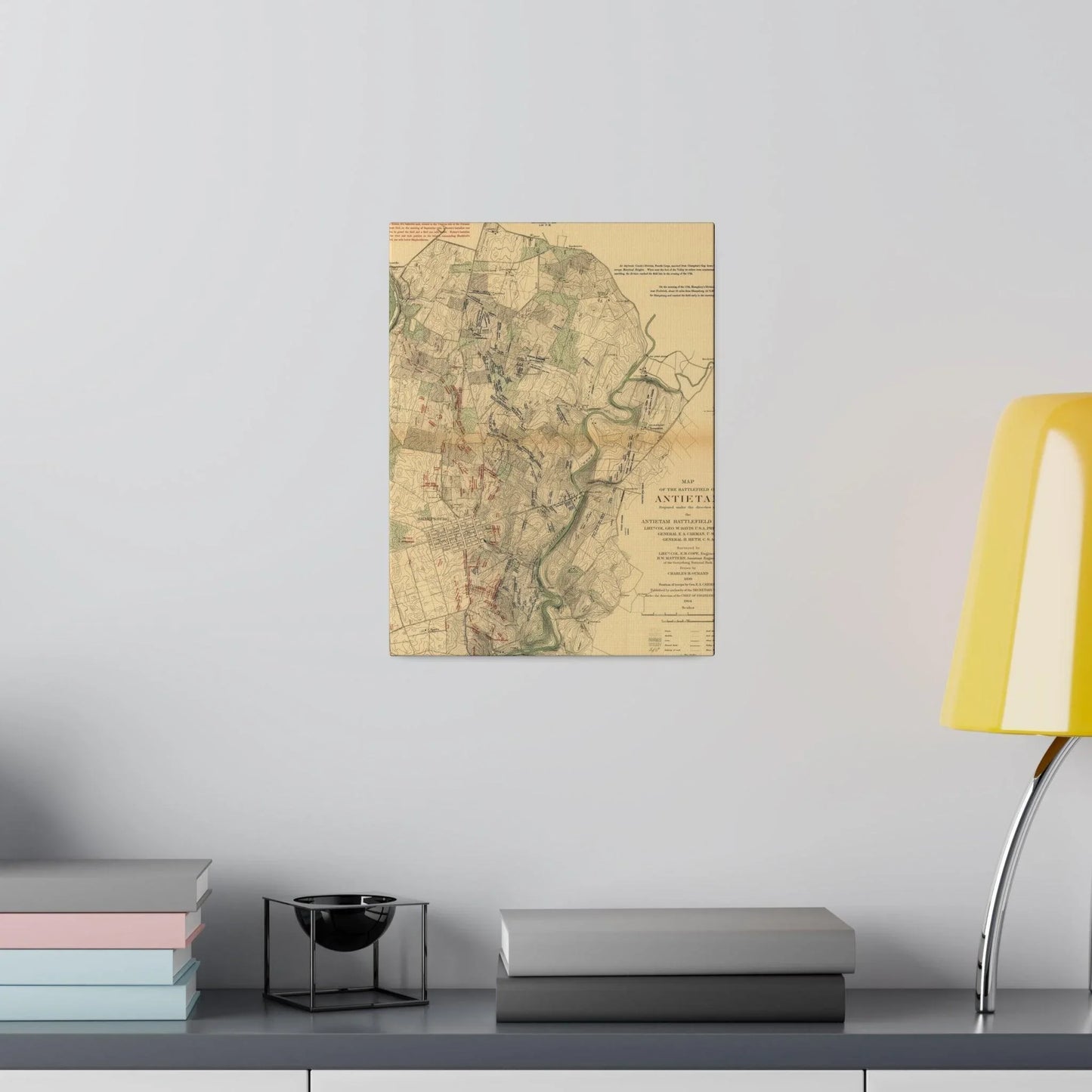 Close-up of textured canvas surface with subtle brushstroke details highlighting the 1862 battlefield scene in muted earth