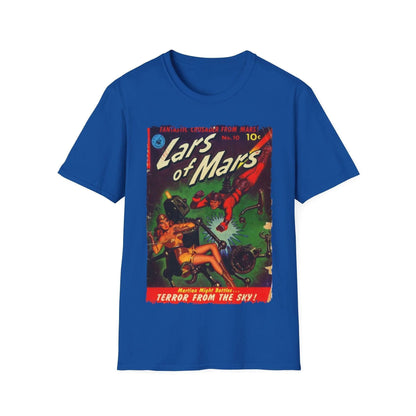 Close-up of the navy blue unisex T-shirt fabric texture highlighting the smooth, breathable cotton-poly blend and reinforced