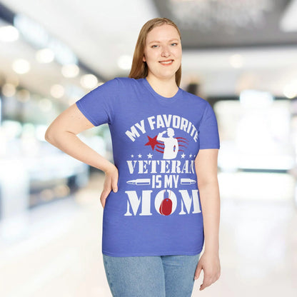 Close-up of soft cotton fabric and stitched neckline detail on the relaxed fit heather gray Favorite Veteran Mom T-Shirt