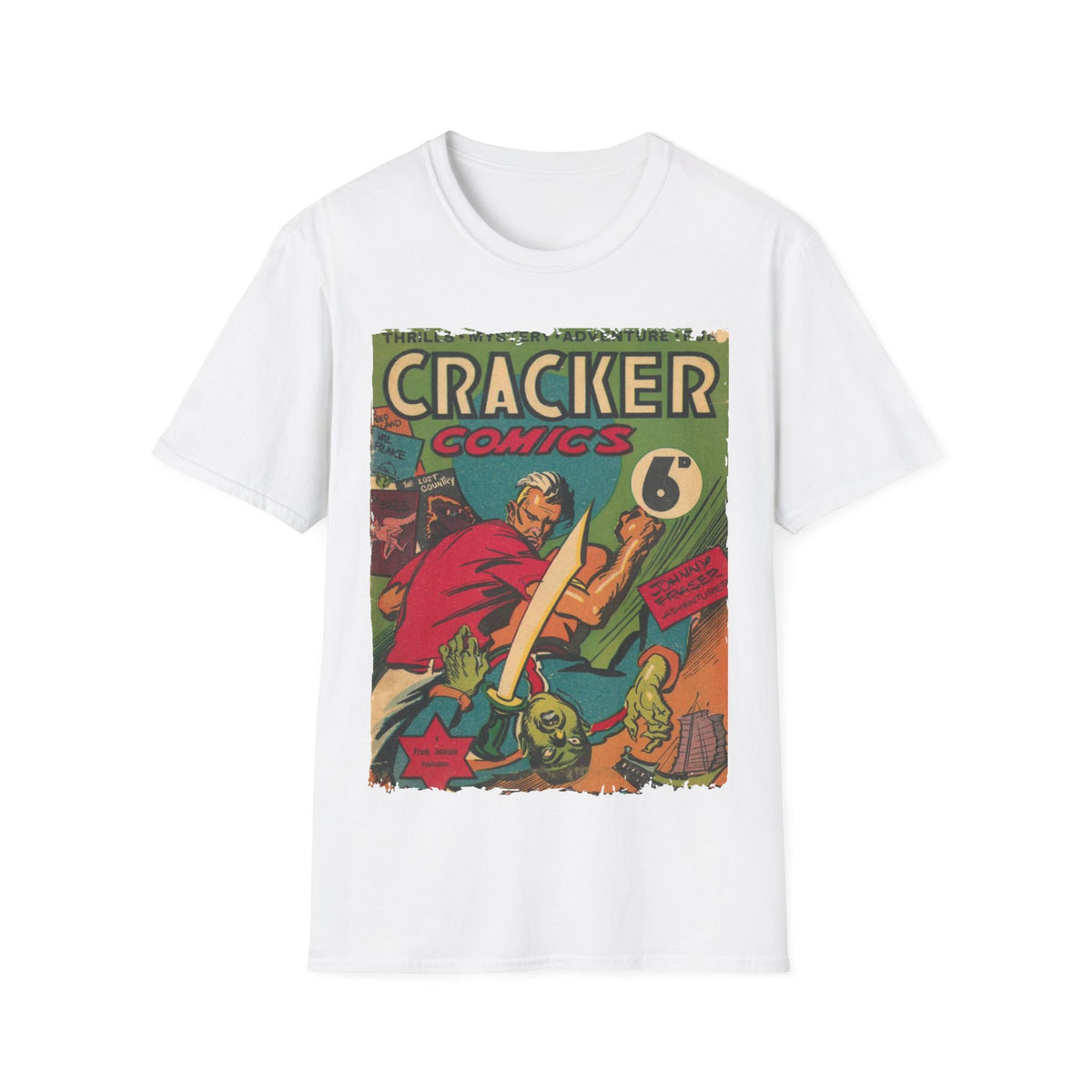 Close-up of the Cracker 1943 unisex T-shirt fabric displaying its soft, relaxed fit in faded olive color with subtle
