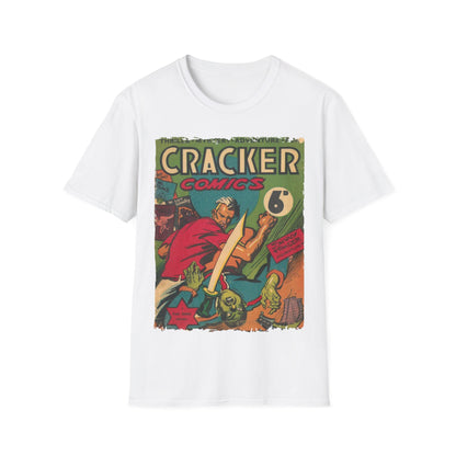Close-up of the Cracker 1943 unisex T-shirt fabric displaying its soft, relaxed fit in faded olive color with subtle