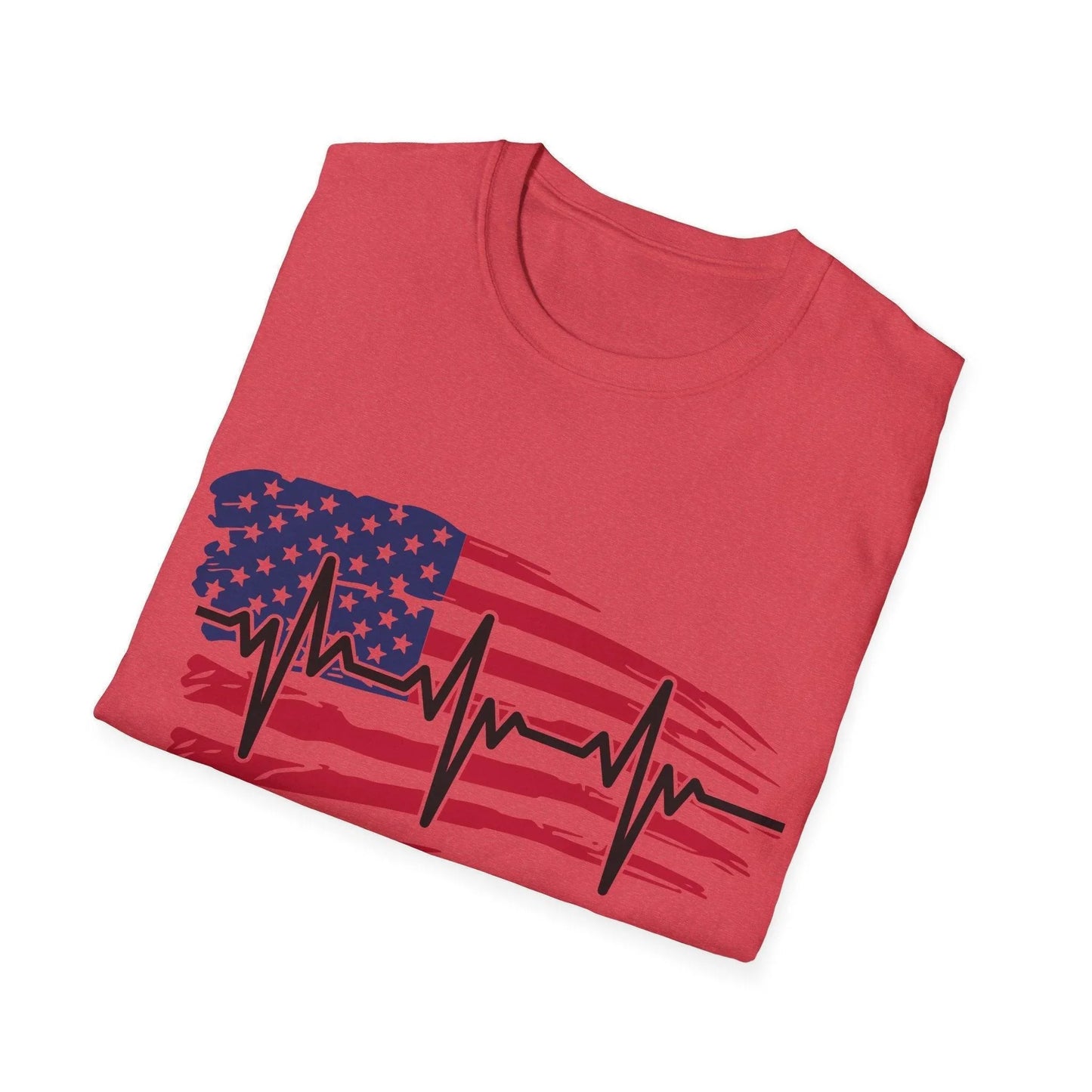 Close-up of the distressed flag heartbeat printed on the soft cotton fabric, showcasing vibrant colors and detailed