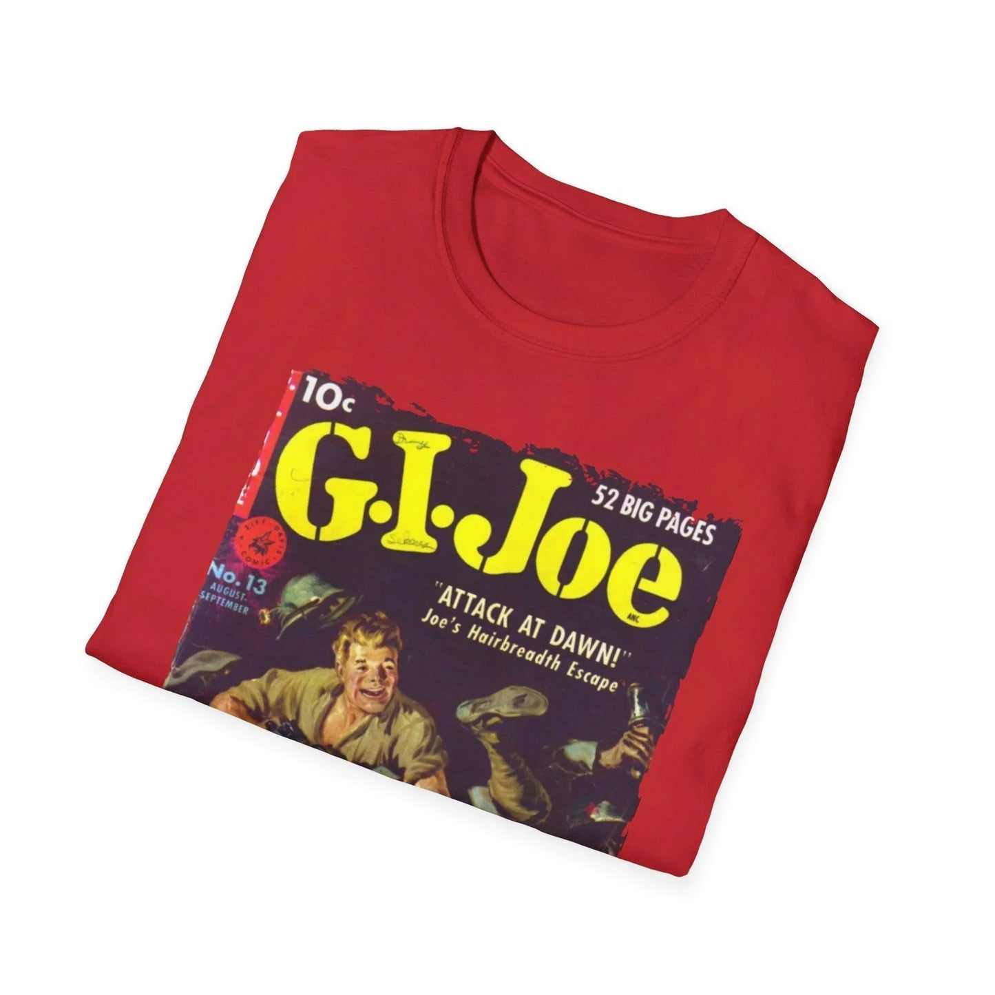 Close-up of the G.I. Joe No.13 T-shirt's navy heather fabric showing soft, relaxed fit and smooth neckline stitching detail