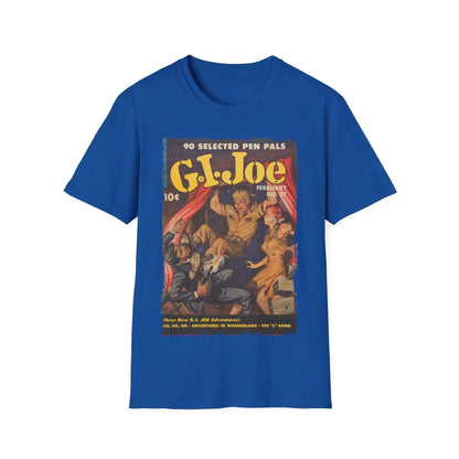 Close-up of the G.I. Joe No.37 softstyle T-shirt neckline and fabric texture, showcasing relaxed fit in navy blue with short