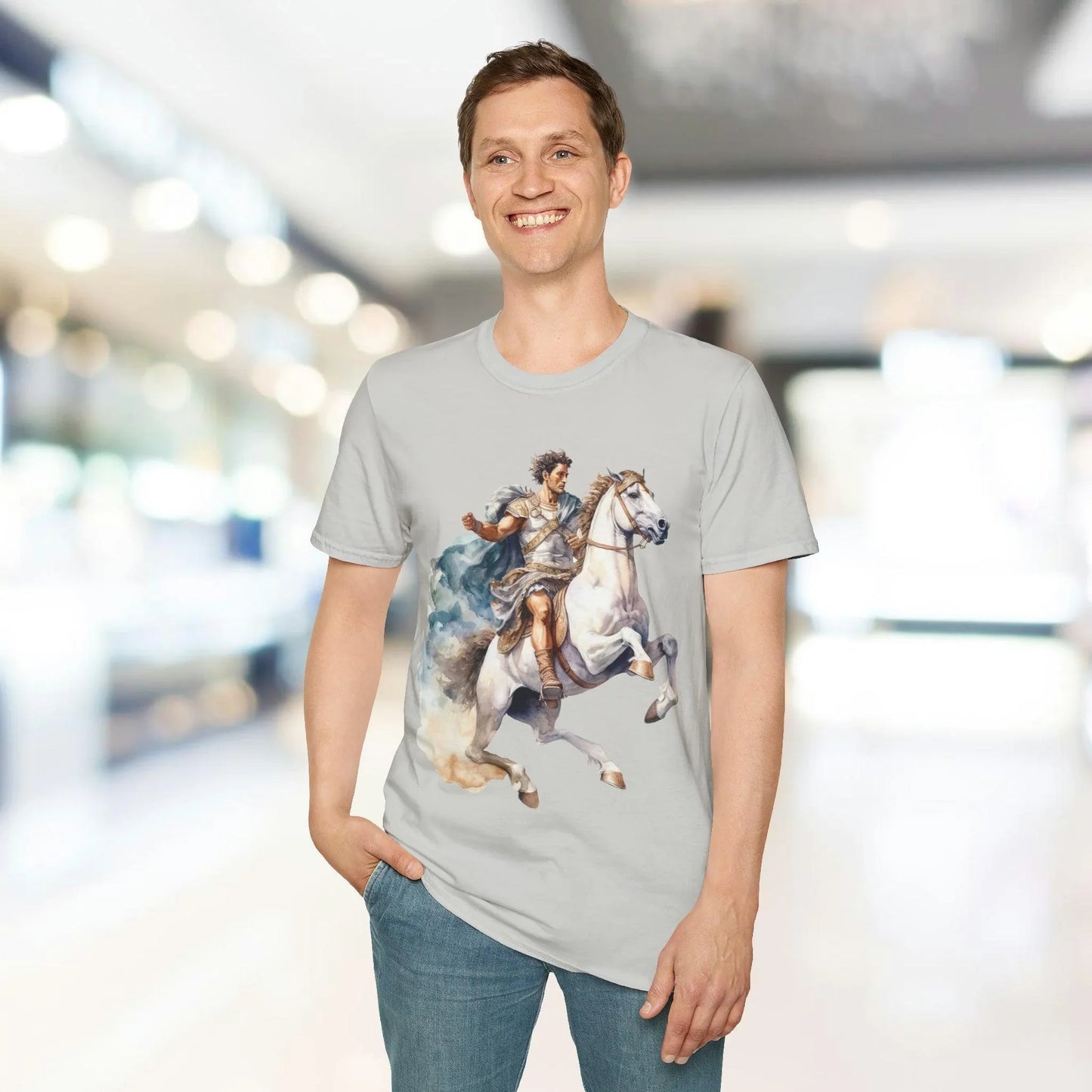 Close-up of the ancient mounted general artwork printed on the chest, highlighting the detailed, distressed design on