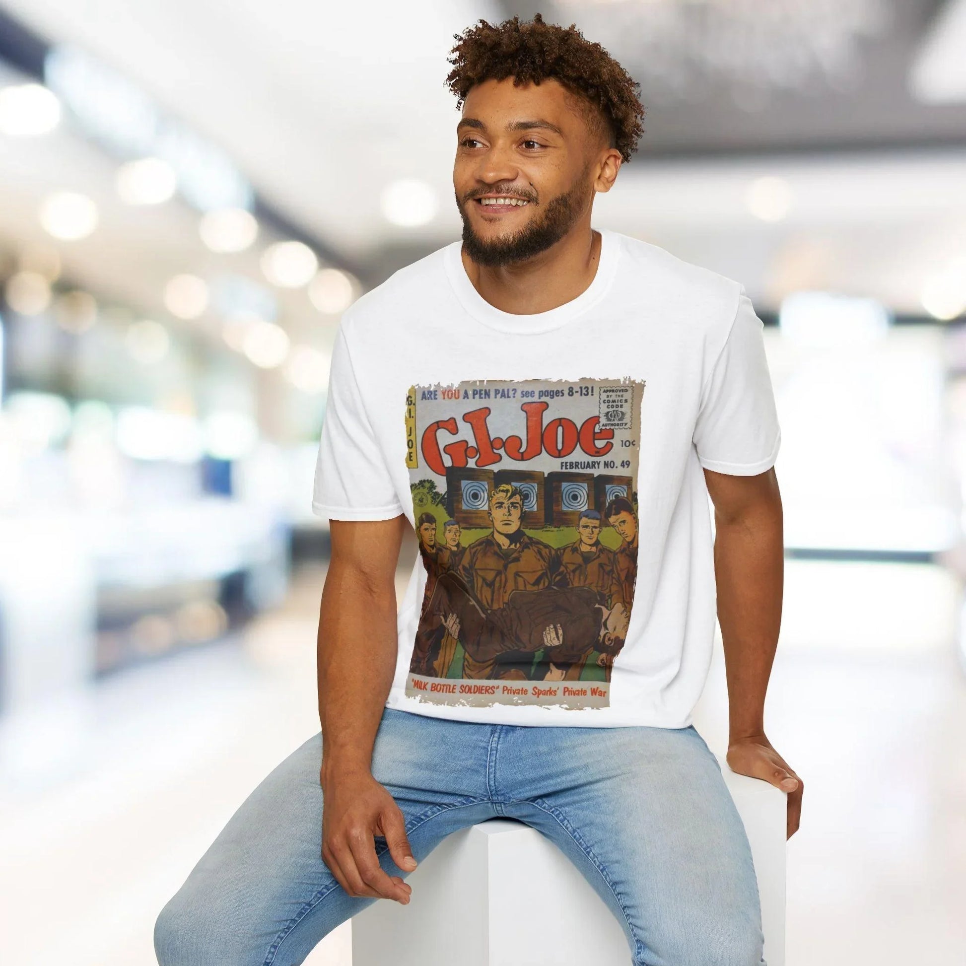 Close-up of the soft tri-blend fabric's subtle heather texture and relaxed fit neckline on the G.I. Joe No.49 T-shirt sleeve