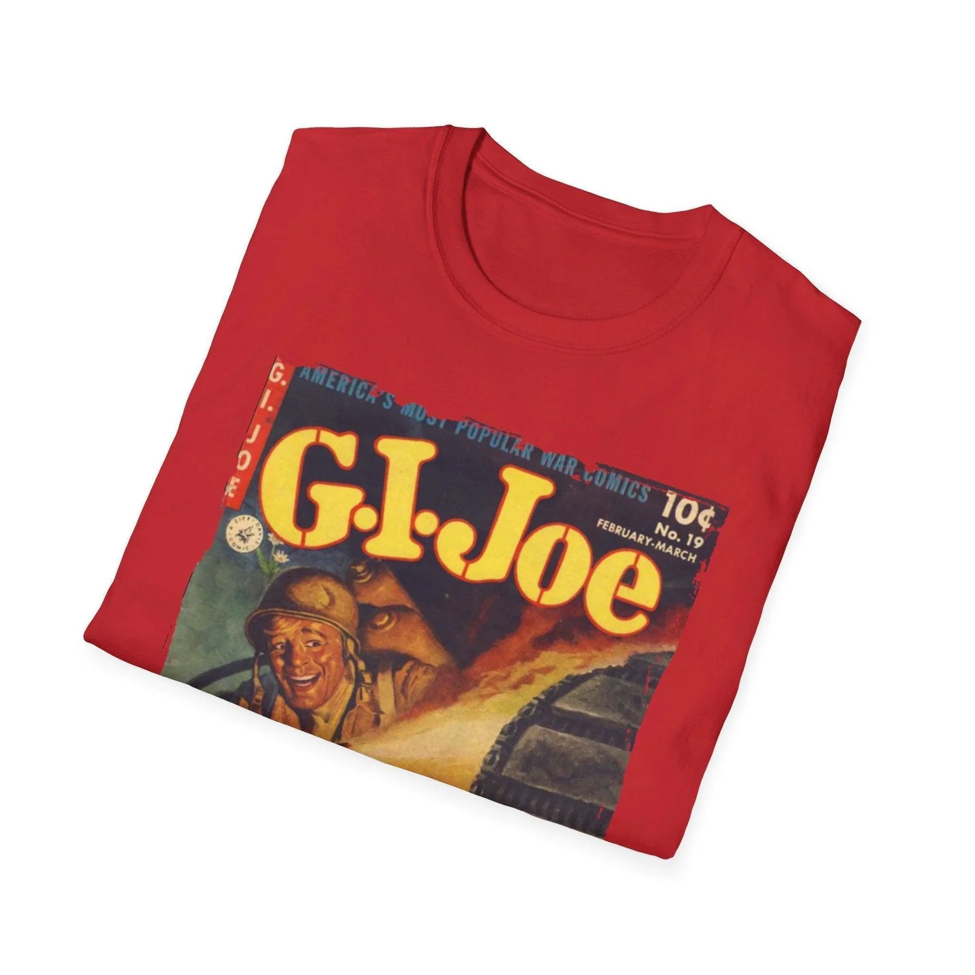 Close-up of the G.I. Joe No.19 unisex softstyle T-shirt's collar showing smooth ribbed neckline and subtle stitching detail