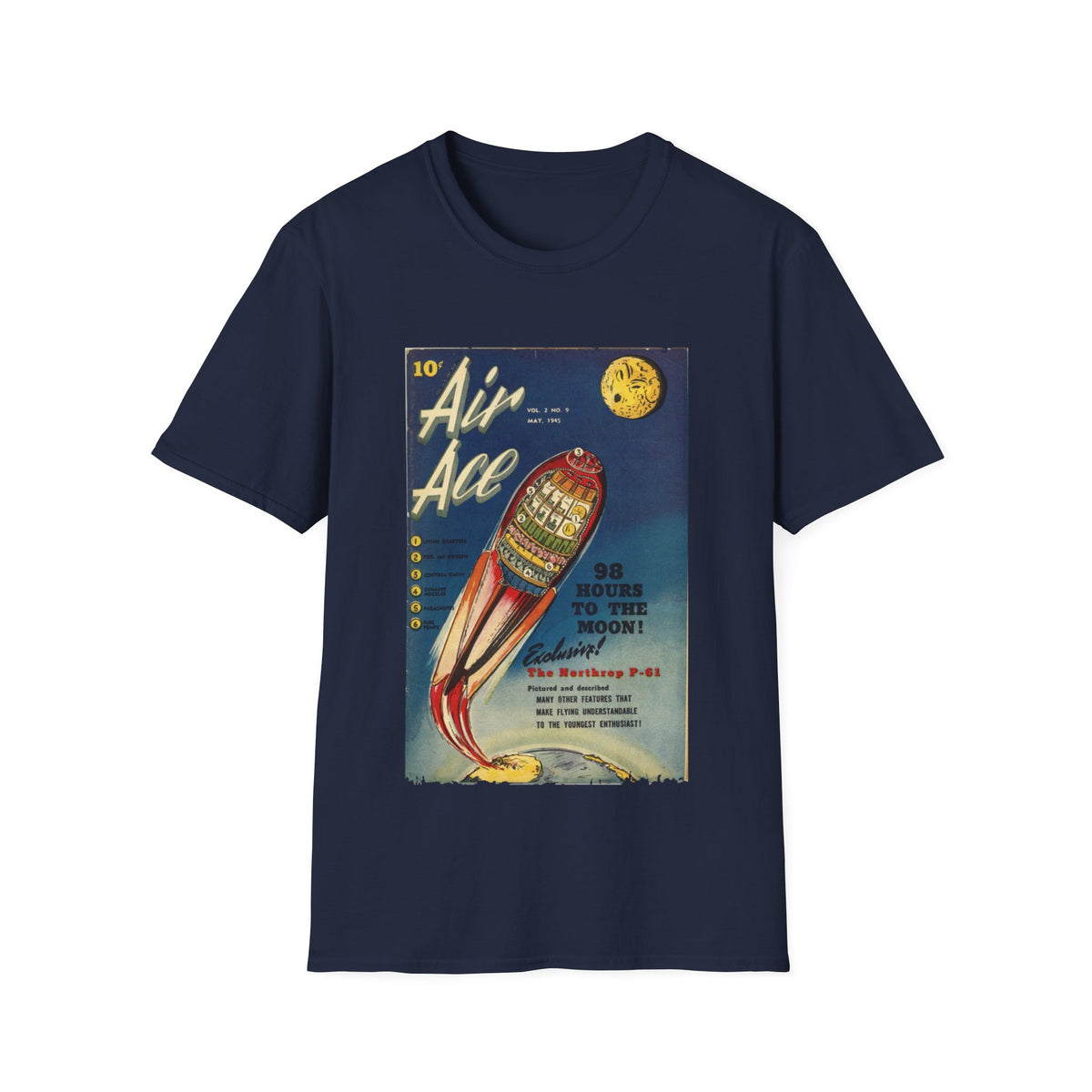 Close-up of the unisex softstyle T-shirt's crew neckline and smooth fabric texture in vibrant navy color