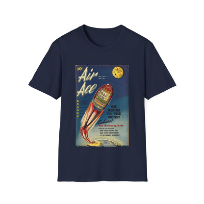Close-up of the unisex softstyle T-shirt's crew neckline and smooth fabric texture in vibrant navy color