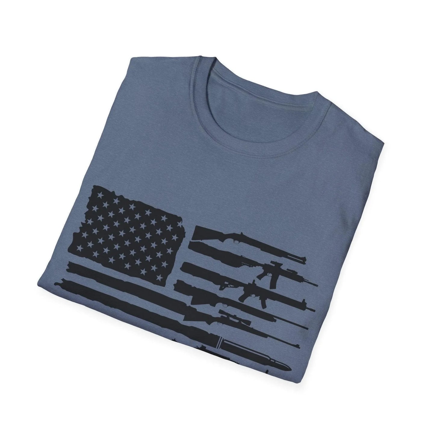 Close-up of black and white American flag guns print on the soft cotton fabric near the collar with visible stitching and