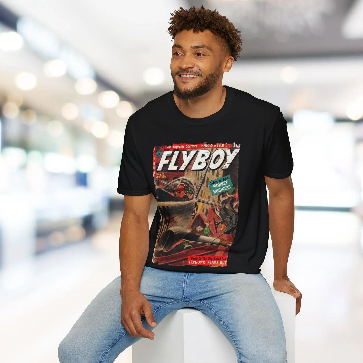 Close-up of the Flyboy No.2 T-Shirt's smooth heathered fabric displaying the relaxed fit and crew neckline from a slightly