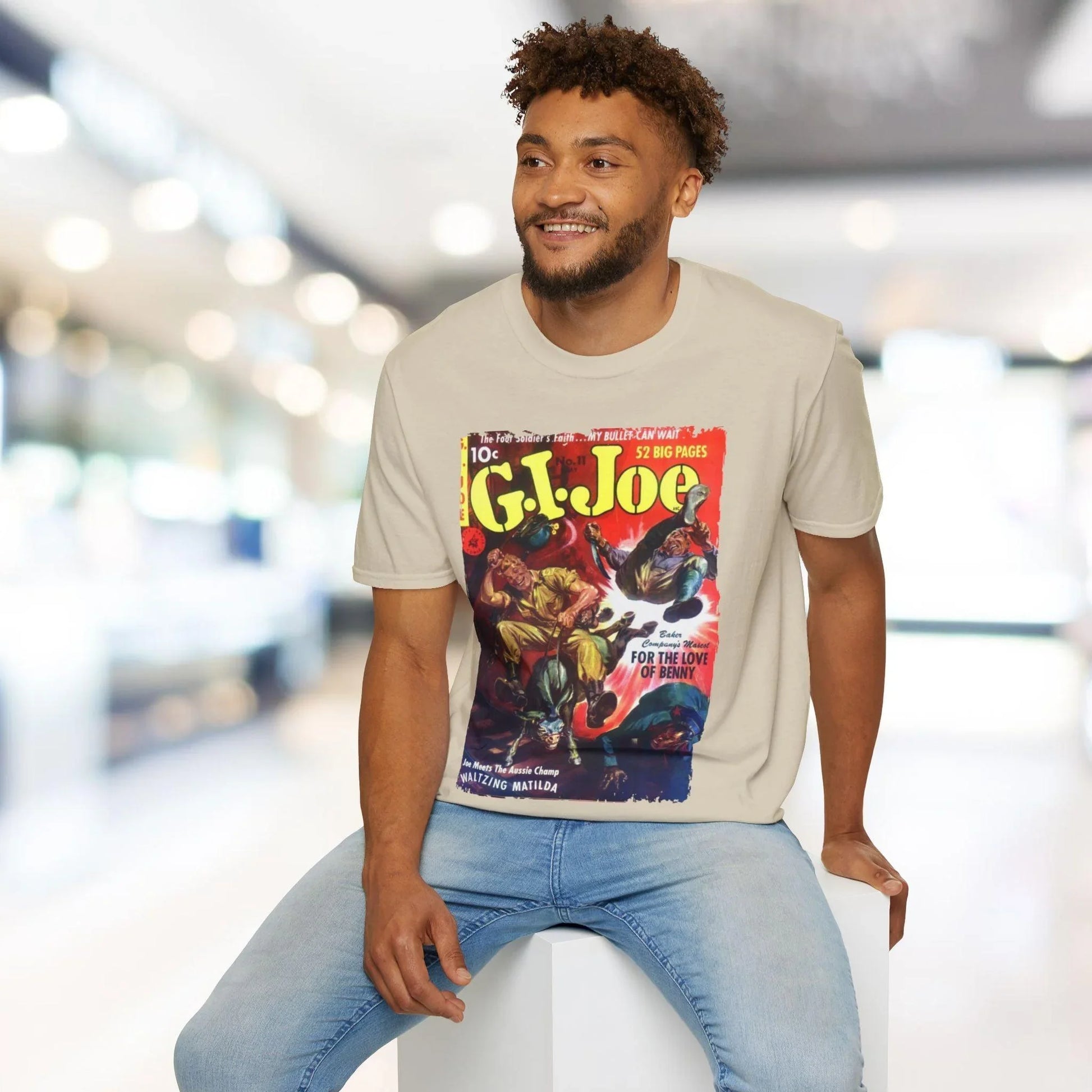 Close-up of G.I. Joe No.11 unisex softstyle T-shirt fabric showing smooth, lightweight cotton with subtle heather texture