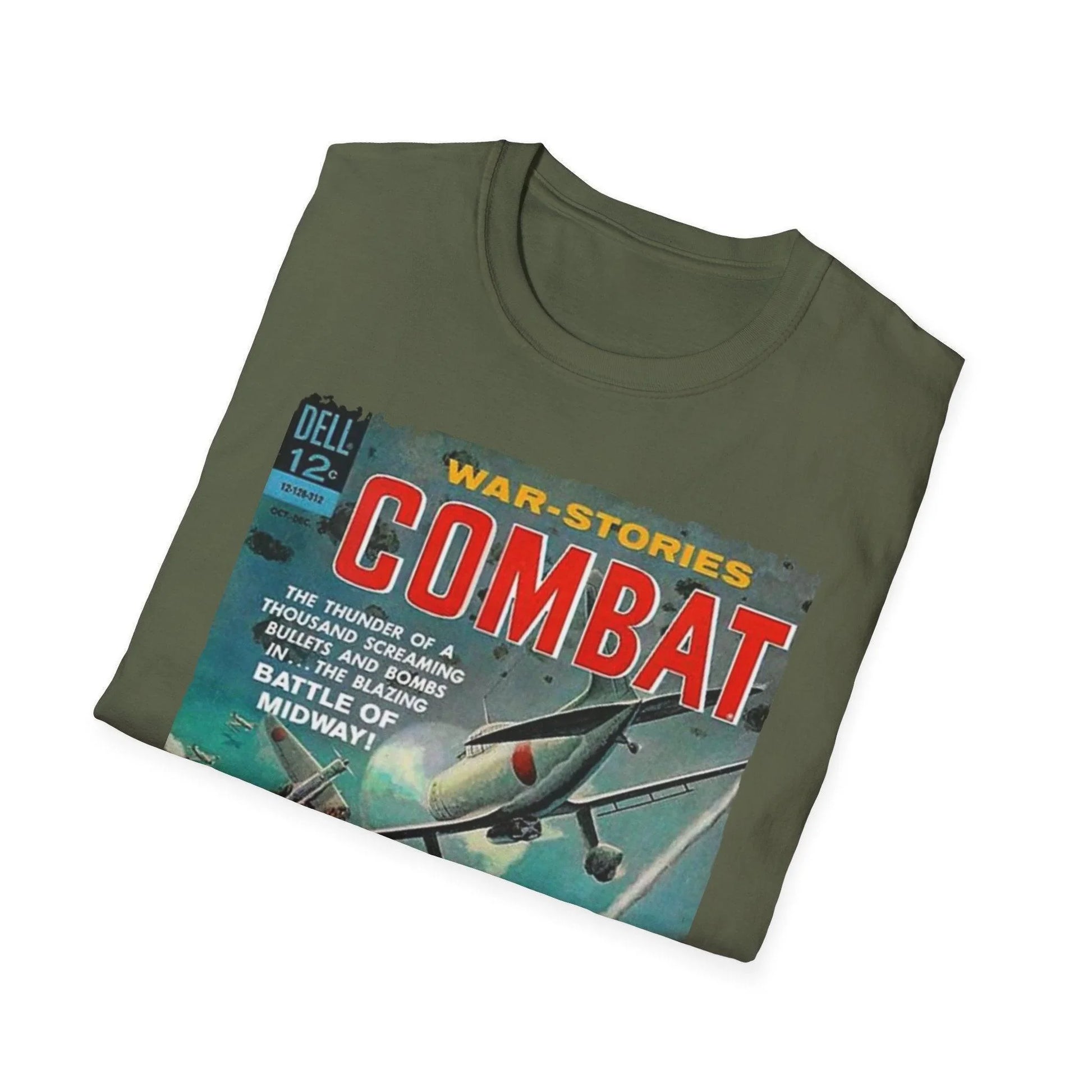 Close-up of the Combat Dec 1963 unisex softstyle T-shirt neckline, revealing reinforced stitching and vibrant navy color