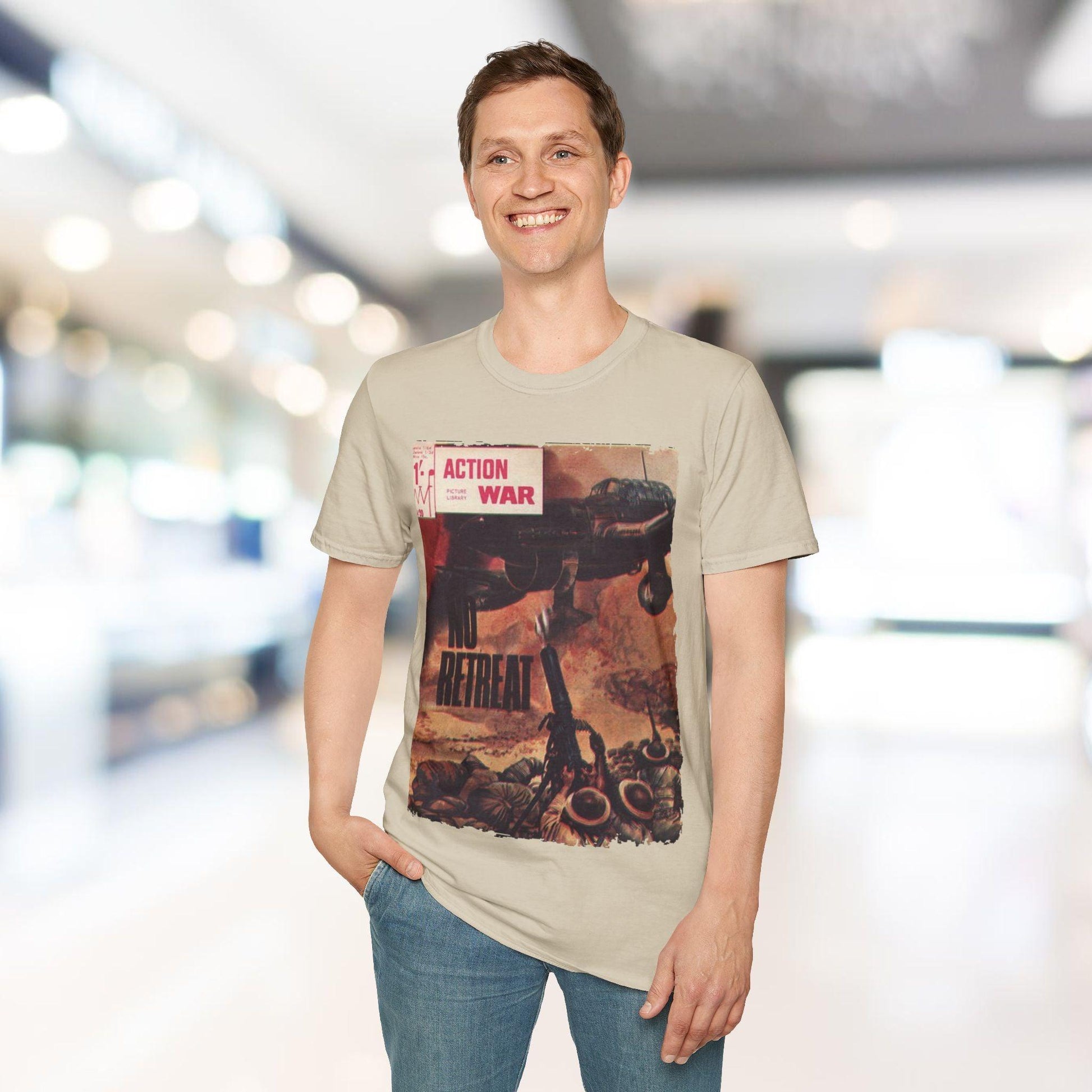 Close-up of the unisex softstyle T-shirt’s fabric showing its smooth, relaxed fit and heather navy color from a bottom