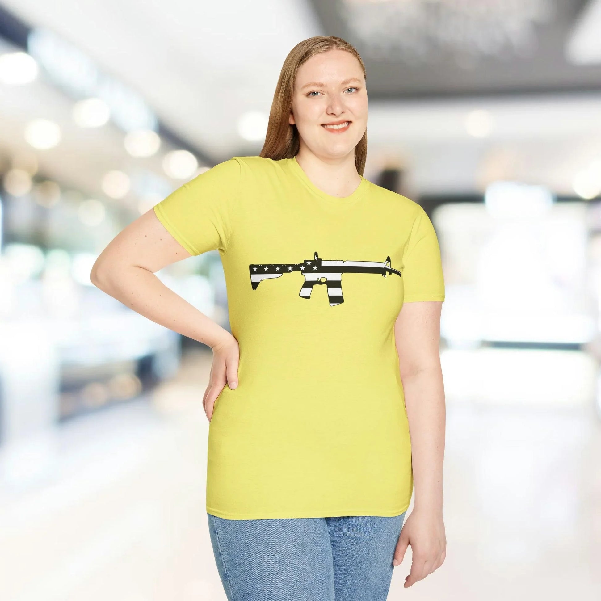 Close-up of the black-and-white American flag eagle graphic on the chest of the unisex softstyle T-shirt, highlighting