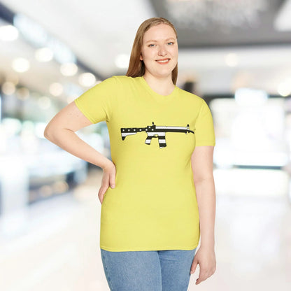 Close-up of the black-and-white American flag eagle graphic on the chest of the unisex softstyle T-shirt, highlighting