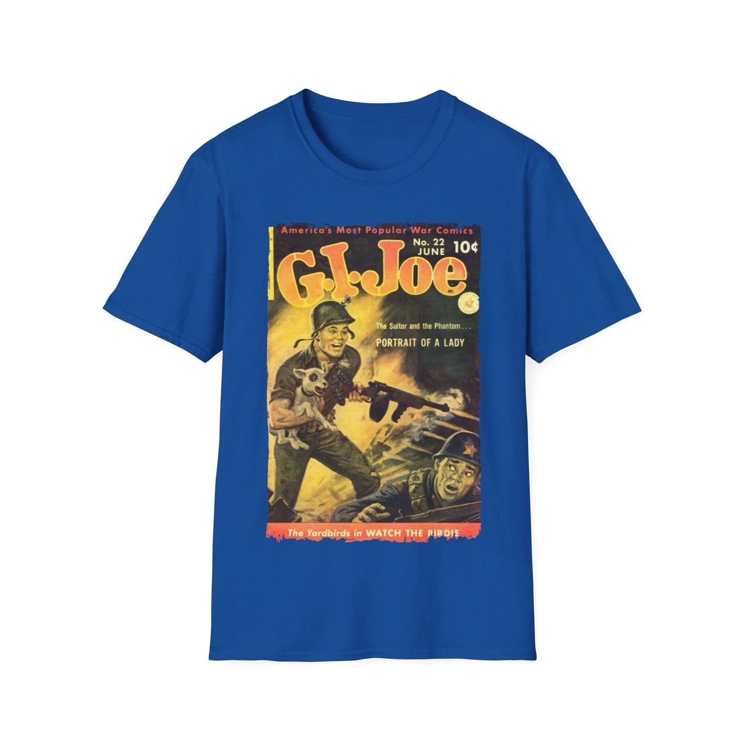 Close-up of the G.I. Joe No.22 softstyle T-shirt’s smooth, relaxed-fit navy fabric with visible stitching at the neckline