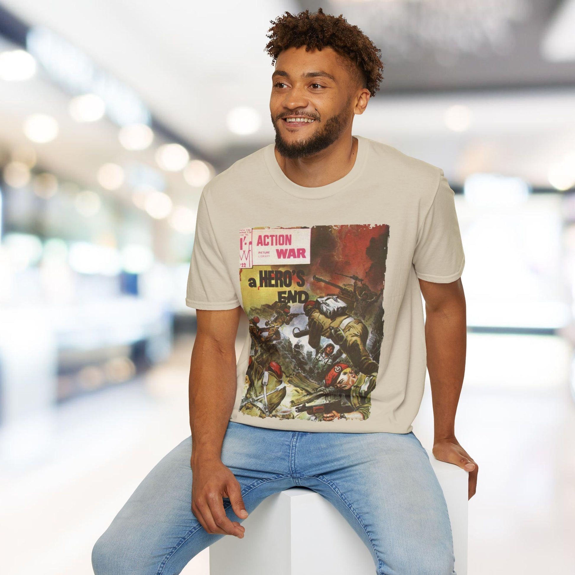 Close-up of the unisex softstyle fabric showing the smooth, relaxed fit and rich black color from a slightly elevated angle.