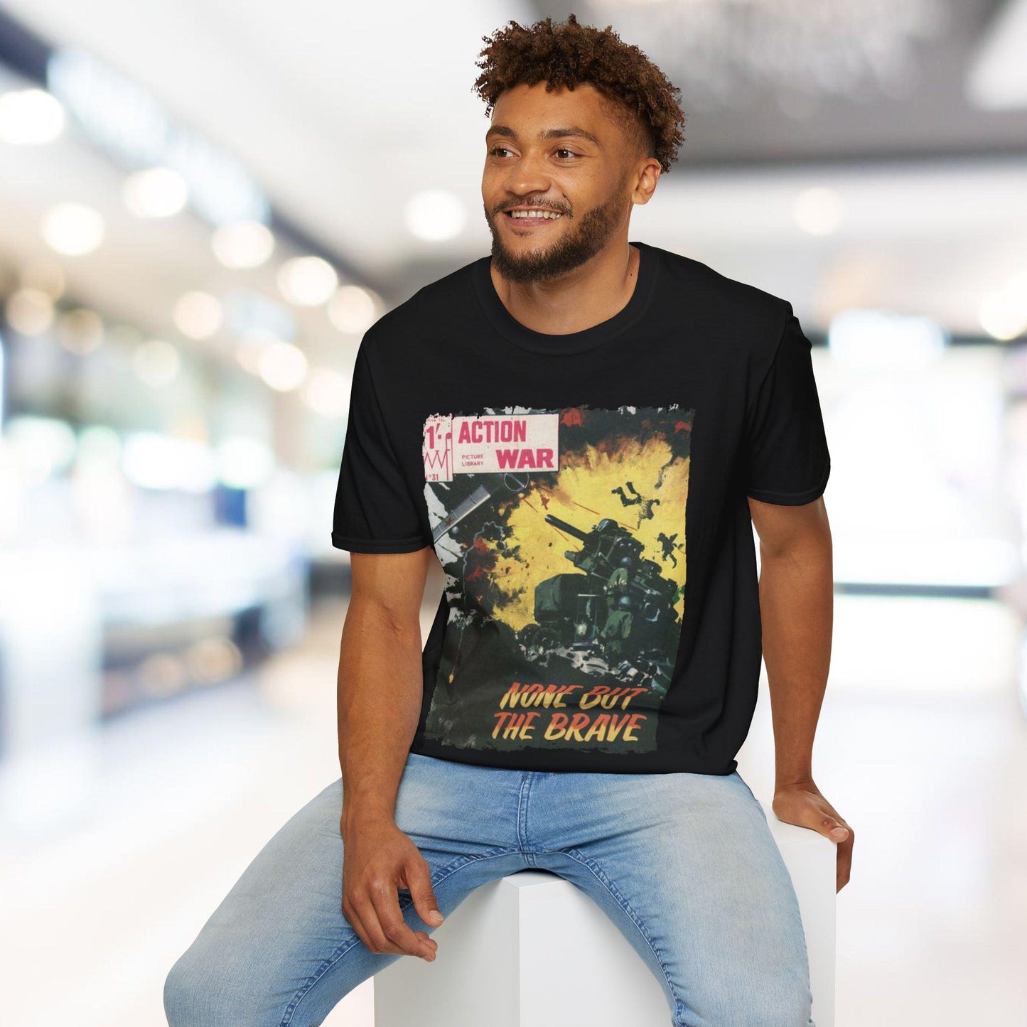 Close-up of the unisex softstyle T-shirt’s smooth, heathered charcoal fabric showcasing subtle weave texture and relaxed fit