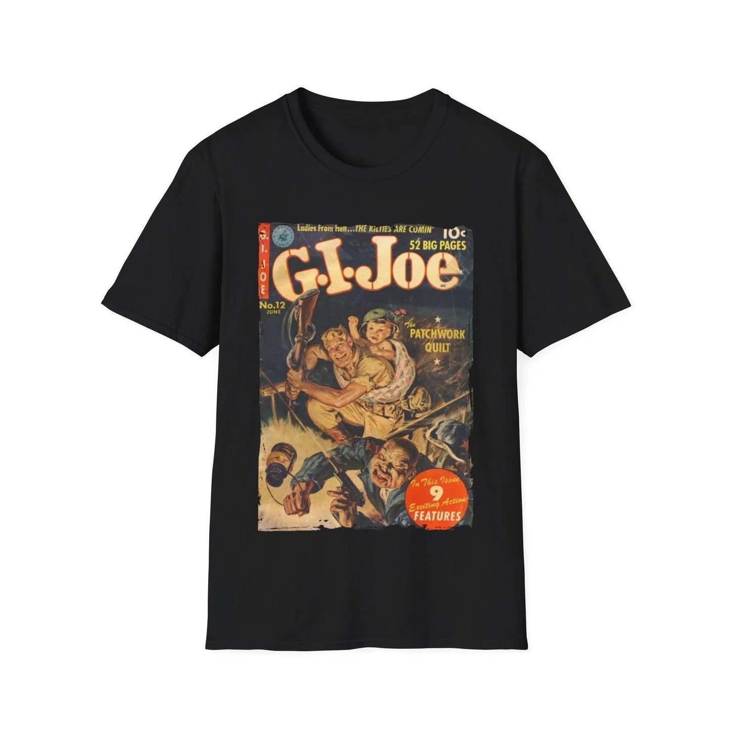 G.I. Joe No.12 unisex cotton crew neck T-shirt in black with regular fit, printed DTG design, short sleeves, Printify brand