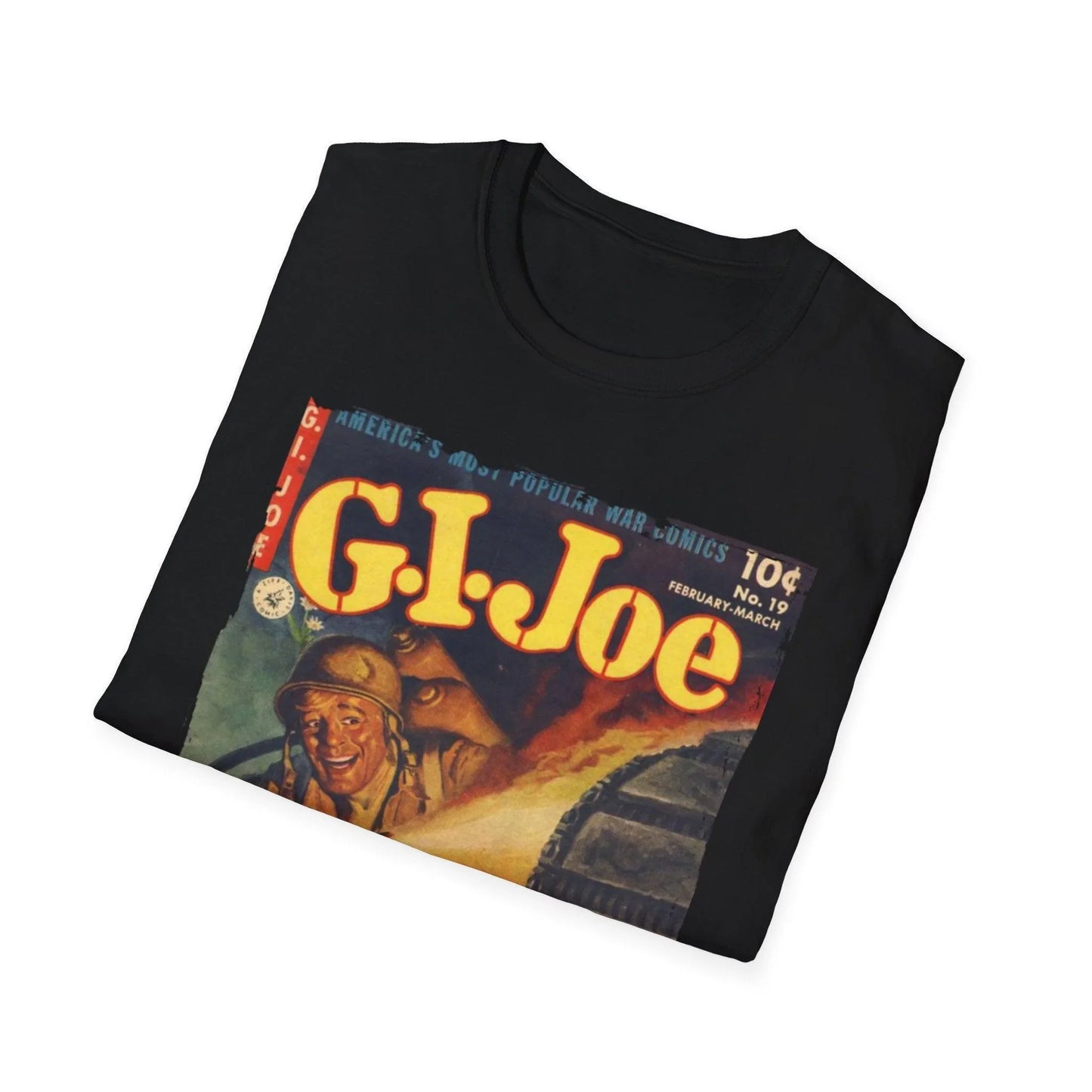 Close-up of G.I. Joe No.19 softstyle T-shirt's white crew neckline and subtle fabric texture from a slightly angled front