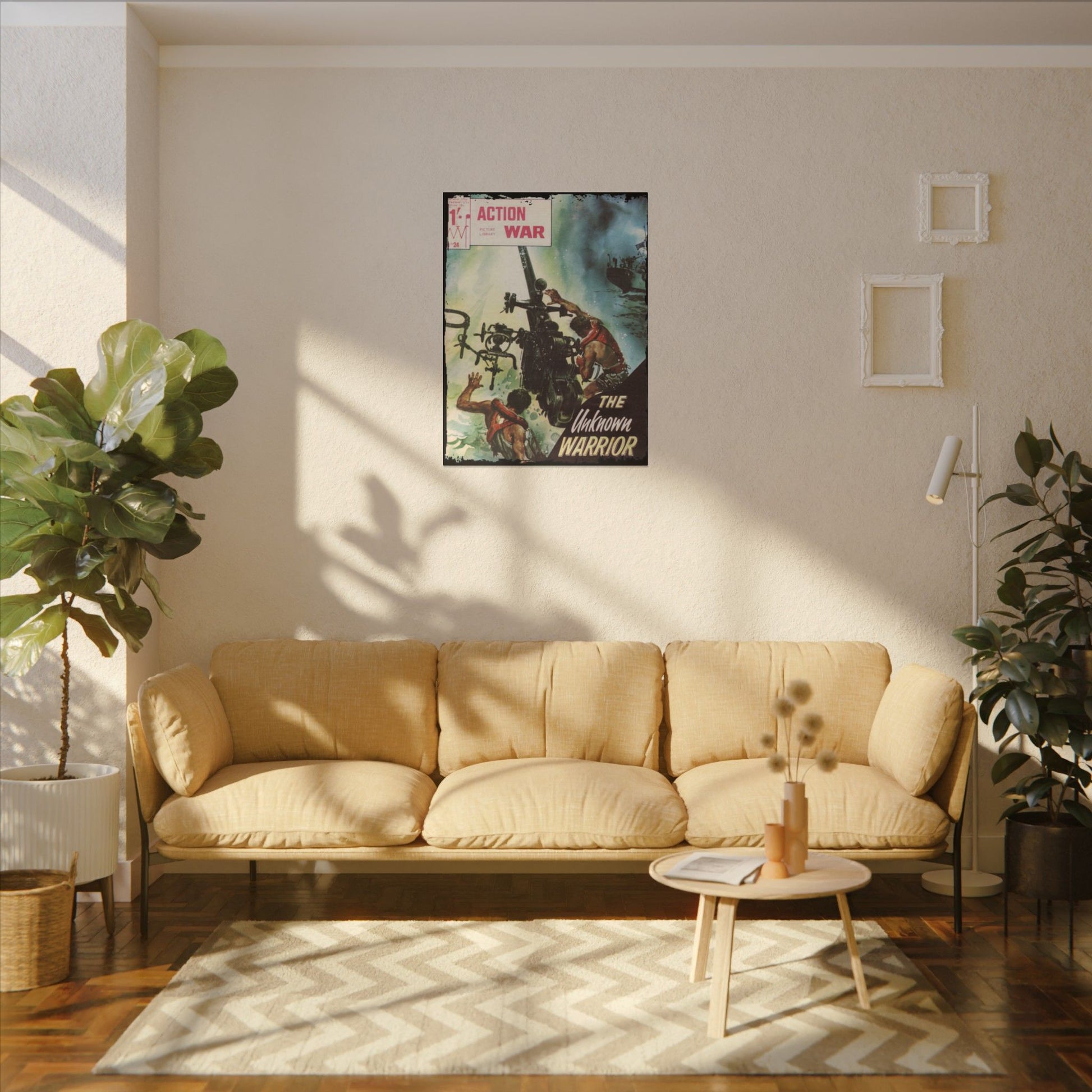 Close-up of the vibrant comic cover's detailed line work and textured paper finish on the Canvas print of Action War #24.