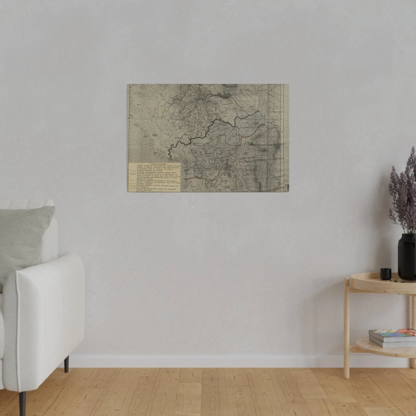 Detailed view of the canvas featuring weathered map borders and handwritten labels, highlighting vintage topographical