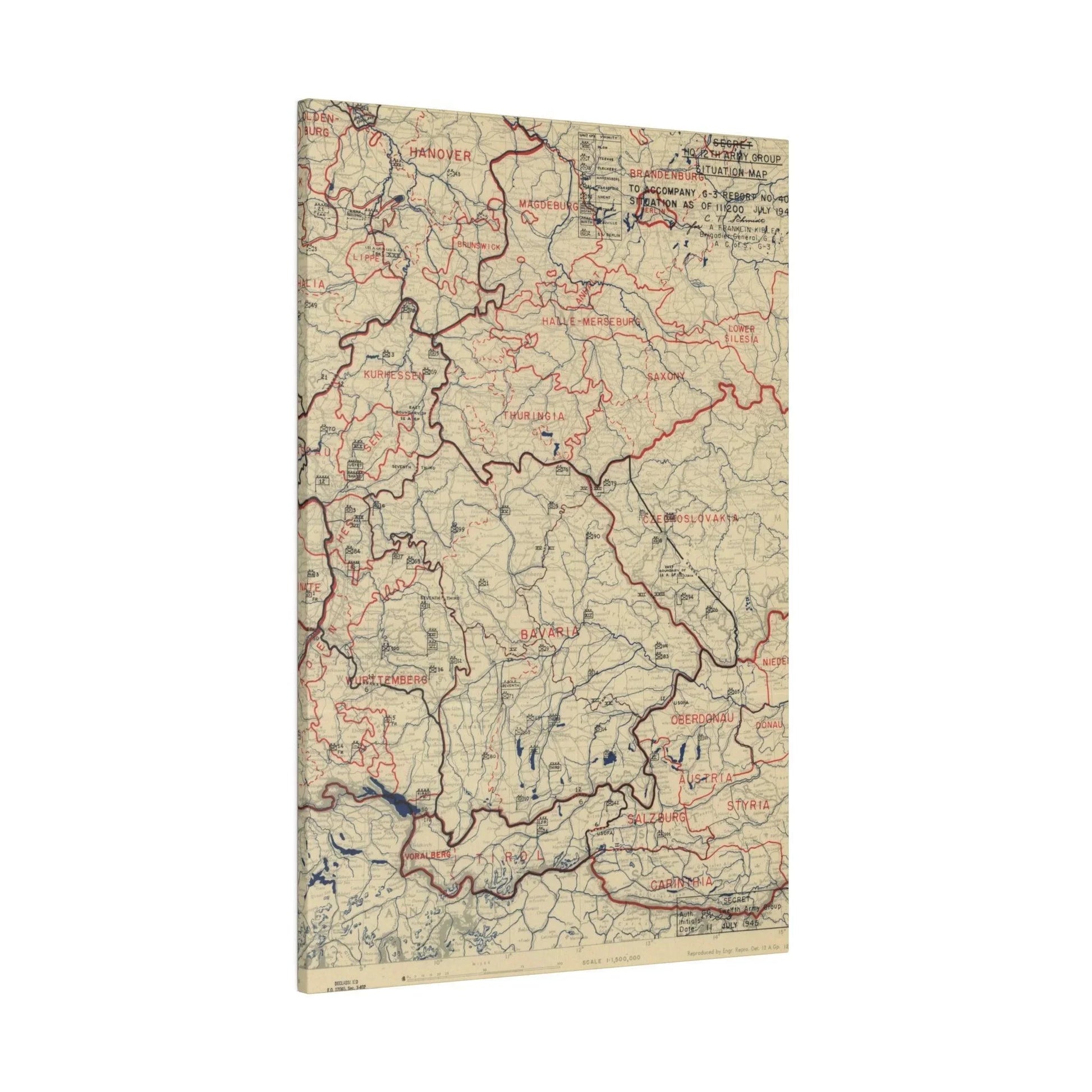 Close-up of the detailed map legend and handwritten annotations on the textured canvas surface at a slight angle