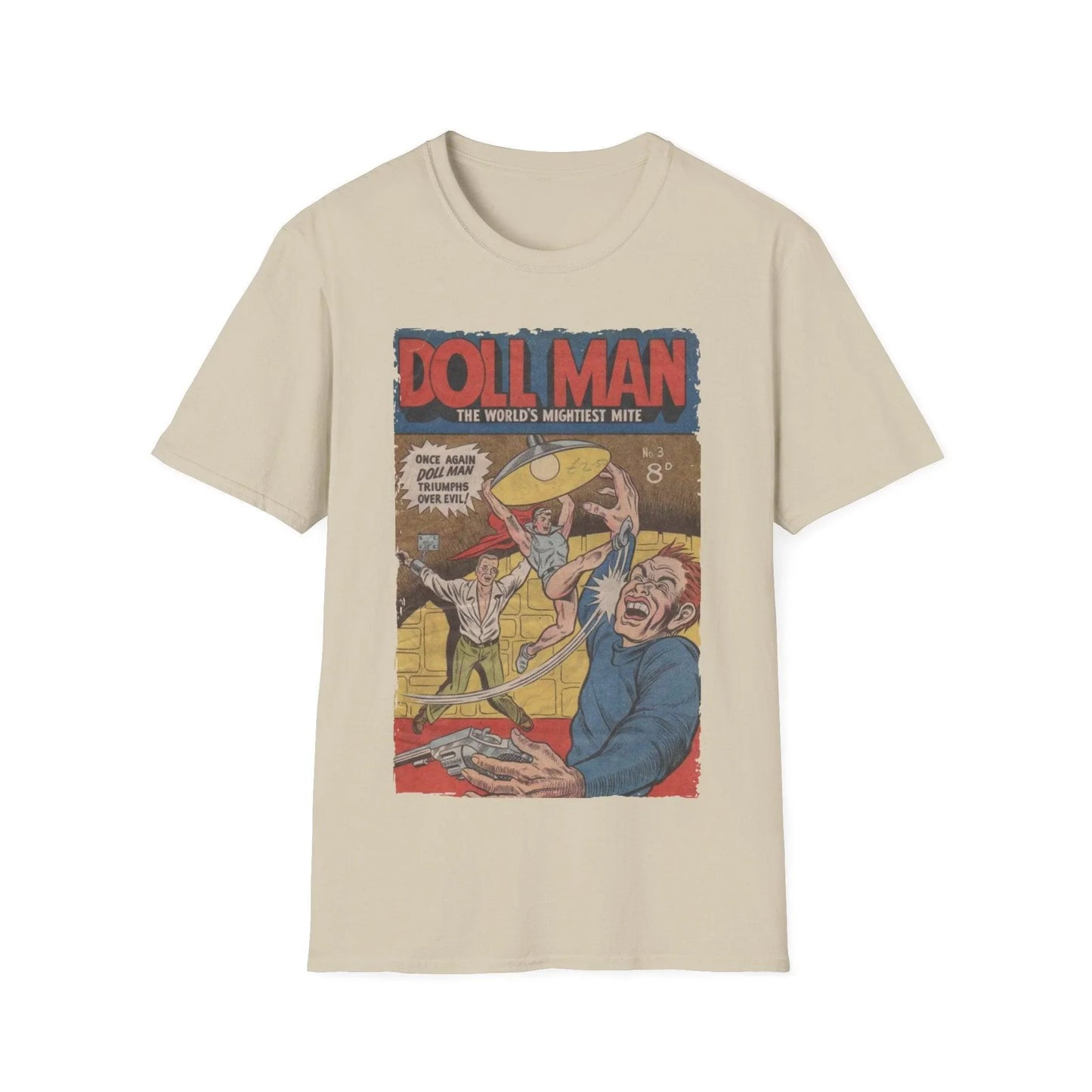 Close-up of the Doll Man No.3 unisex softstyle T-shirt's vibrant royal blue fabric showcasing the smooth, lightweight cotton