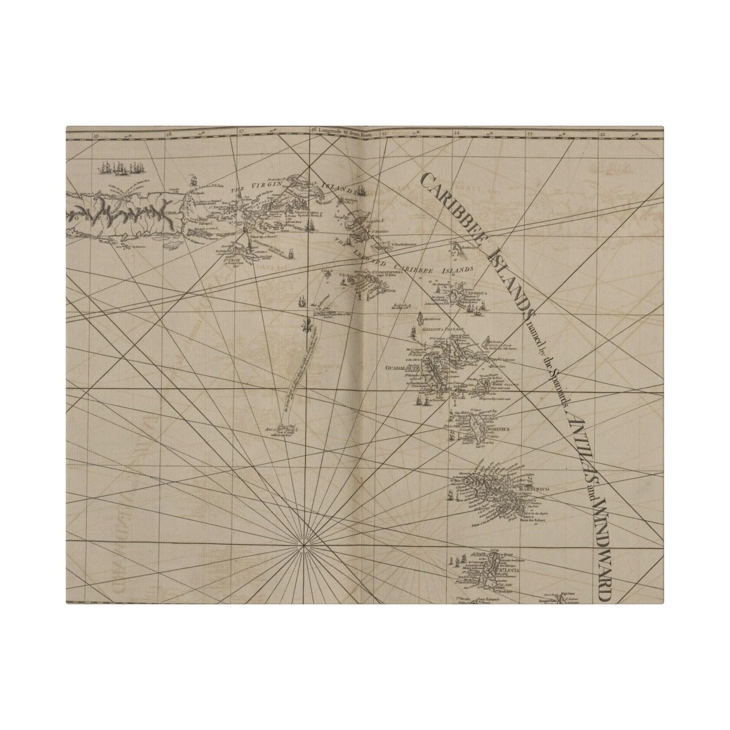 Close-up of vibrant Caribbean island map detail highlighting Virgin Islands and Isle of Porto Rico on canvas linen textured