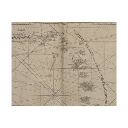 Close-up of vibrant Caribbean island map detail highlighting Virgin Islands and Isle of Porto Rico on canvas linen textured