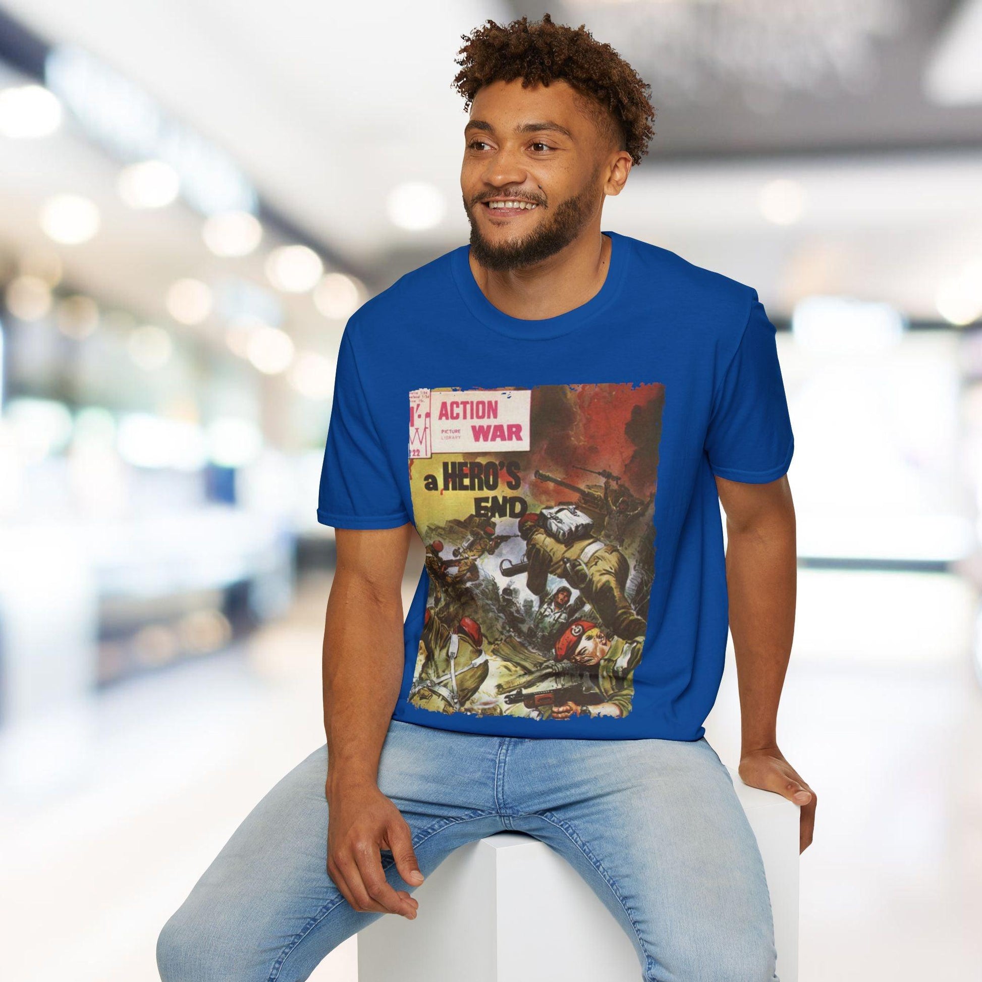 Front neckline detail highlighting the relaxed fit and soft cotton blend fabric of the unisex Action War #22 T-shirt in deep